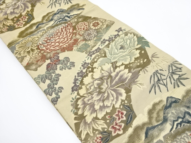 JAPANESE KIMONO / ANTIQUE MARU OBI / WOVEN FLOWER & JIGAMI PATTERN